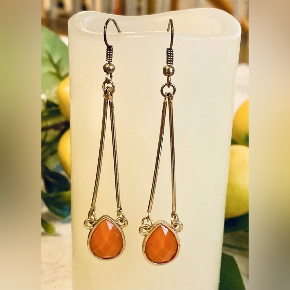 Orange Art Deco Dangle Earrings with faceted bead 2.75”